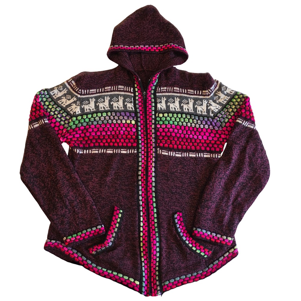 Artesano Couture Alpaca Blend Llama Knit Hooded Zip Sweater Burgundy Pink M